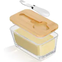 Famanu – Botervloot van glas met deksel, transparante boterbox met botersnijder en bamboedeksel, multifunctionele botervloot voor boter, kaas en fruit