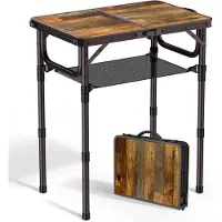 Famanu – Campingtafel van 58 x 40 cm, aluminium frame, verstelbare picknicktafel in 3 hoogtes, klaptafel met opbergnet, MDF tafelblad, bruin, ideaal voor buitengebruik