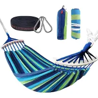Famanu – Dubbele hangmat, 280 x 150 cm, outdoor hangmatten, staafhangmat voor reizen, kamperen, wandelen, tuin, draagbaar en ademend, belastbaar tot 300 kg, blauwe strepen