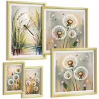 Wallfluent 5-Delige Schilderij Set - Bloemmotieven Met Libellen In Een Delicate, Natuurlijke Stijl. - 50 x 50 cm, 20 x 30 cm En 40 x 60 cm - Wanddecoratie - Muurdecoratie - Woonkamer
