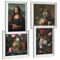 Wallfluent 4-Delige Schilderij Set - Vintage Bloemen, Schedel En Mona Lisa-Portret Van Leonardo Da Vinci - 40 x 40 En 40 x 60 - Wanddecoratie - Schilderijen Set - Interieur - Stijlvolle Muurdecoratie