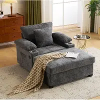 OKWISH Fauteuil - 1-Zits Chenille Loungestoel Met USB-Oplaadfunctie En Bekerhouders - Voor Woonkamer Of Kantoor - Stof - Donkergrijs