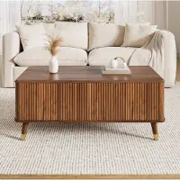 OKWISH conferentietafel met golvende structuur, verstelbare hoogte, tafel met veel opbergruimte, houten poten, multifunctionele salontafel, notenhout