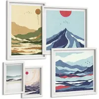 Wallfluent 5-Delige Schilderij Set - Berglandschappen Met Minimalistische Natuurmotieven - 50 x 50 cm, 20 x 30 cm En 40 x 60 cm - Muurdecoratie - Wanddecoratie - Hal - Interieur Decoratie