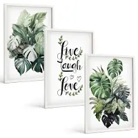 Wallfluent 3-Delige Schilderij Set - Bladrijke Planten Met De Woorden Leef, Lach, Houd Van - 40 x 60 - Decoratieve Muurdecoratie - Slaapkamer - Woonkamer Decoratie
