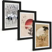 Wallfluent 3-Delige Schilderij Set - Illustraties Van Japanse Kraanvogels Japandi Landschap - 20 x 30 cm - Wanddecoratie - Schilderijen Set - Interieur - Decoratieve Schilderijen