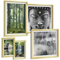 Wallfluent 5-Delige Schilderij Set - Rustgevende Natuurthema'S Met Zen-Elementen En Watervallen - 50 x 50 cm, 20 x 30 cm En 40 x 60 cm - Muurdecoratie - Wanddecoratie - Hal - Interieur Decoratie
