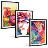 Wallfluent 3-Delige Schilderij Set - Bloemen In Intense Kleuren Portret Van Een Vrouw Abstract - 40 x 60 cm - Muurdecoratie - Schilderijen Set - Woonkamer - Stijlvolle Muurdecoratie