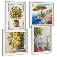 Wallfluent 4-Delige Schilderij Set - Citroenbomen En -Fruit In Een Zonnig Landschap - 40 x 40 En 40 x 60 - Stijlvolle Wanddecoratie - Interieur