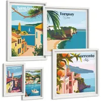 Wallfluent 5-Delige Schilderij Set - Landschappen Van Europese Kustplaatsen - 50 x 50 cm, 20 x 30 cm En 40 x 60 cm - Stijlvolle Muurdecoratie - Kantoor - Decoratieve Schilderijen