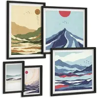 Wallfluent 5-Delige Schilderij Set - Berglandschappen Met Minimalistische Natuurmotieven - 50 x 50 cm, 20 x 30 cm En 40 x 60 cm - Muurdecoratie - Wanddecoratie - Hal