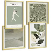 Wallfluent 4-Delige Schilderij Set - Plantenpatronen Met Silhouetten En Abstracte Vormen - 40 x 40 cm En 40 x 60 cm - Wanddecoratie - Moderne Interieurdecoratie - Woonkamer Decoratie