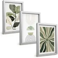 Wallfluent 3-Delige Schilderij Set - Plantmotieven Met Geometrische Vormen In Groen - 20 x 30 cm - Decoratieve Muurdecoratie - Slaapkamer - Wanddecoratie