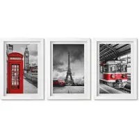 Wallfluent 3-Delige Schilderij Set - Iconische Steden: Londen, Parijs En Het Spoorvervoer - 20 x 30 - Stijlvolle Muurdecoratie - Slaapkamer