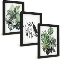 Wallfluent 3-Delige Schilderij Set - Groene Plantenbladeren Met Het Opschrift "Wijn". - 20 x 30 cm - Decoratieve Schilderijen - Woonkamer - Interieur - Muurdecoratie