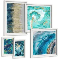 Wallfluent 5-Delige Schilderij Set - Abstracte Composities In Blauw- En Groentinten. - 50 x 50 cm, 20 x 30 cm En 40 x 60 cm - Moderne Wanddecoratie - Slaapkamer - Interieur Decoratie