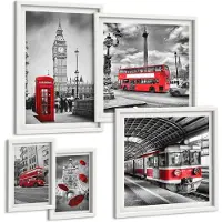 Wallfluent 5-Delige Schilderij Set - Londense Motieven Met Rode Accenten En Architectuur - 50 x 50 cm, 20 x 30 cm En 40 x 60 cm - Moderne Wanddecoratie - Woonkamer - Interieur Decoratie