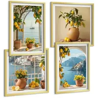 Wallfluent 4-Delige Schilderij Set - Citroenen En Bloemen In Potten In Een Kustplaats - 40 x 40 cm En 40 x 60 cm - Schilderijen Set - Wanddecoratie - Woonkamer - Decoratieve Schilderijen