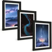 Wallfluent 3-Delige Schilderij Set - Nachtelijke Hemel, Bergen, Kloof En Winterlandschap - 20 x 30 cm - Decoratieve Schilderijen - Woonkamer - Interieur - Moderne Wanddecoratie