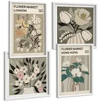 Wallfluent 4-Delige Schilderij Set - Bloemenposters Londen Hong Kong Illustraties - 40 x 40 En 40 x 60 - Wanddecoratie - Woonkamer Decoratie - Stijlvolle Muurdecoratie