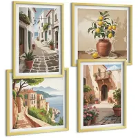 Wallfluent 4-Delige Schilderij Set - Schilderachtige Straatjes Met Huizen En Potplanten. - 40 x 40 cm En 40 x 60 cm - Wanddecoratie - Muurdecoratie - Moderne Interieurdecoratie - Interieur Decoratie