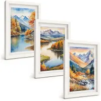 Wallfluent 3-Delige Schilderij Set - Uitzicht Op De Bergen Met Een Rivier En Herfstbomen. - 20 x 30 - Stijlvolle Muurdecoratie - Slaapkamer - Interieur Decoratie