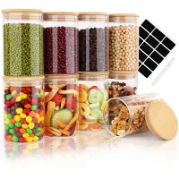 Famanu – Voorraadpotten met deksel, 9-delige set met etiketten, 9 x 500 ml glazen voorraadpotten met houten deksel voor de keuken