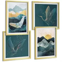 Wallfluent 4-Delige Schilderij Set - Abstracte Berglandschappen, Vliegende Kraanvogels - 40 x 40 cm En 40 x 60 cm - Muurdecoratie - Schilderijen Set - Woonkamer - Wanddecoratie