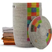Famanu – XXL wasmand met deksel, 85 liter, gevlochten opbergmand voor wasgoed, kleurrijke rechthoeken met handvat, ideaal voor het organiseren van uw was