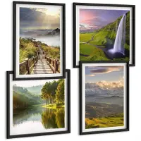 Wallfluent 4-Delige Schilderij Set - Schilderachtige Berglandschappen Met Een Waterval En Een Pad. - 40 x 40 cm En 40 x 60 cm - Muurdecoratie - Decoratieve Schilderijen - Wohnzimmer