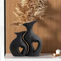 Famanu – Set van 2 keramische vazen in zwart, hartvormige matte vazen, perfect voor boho interieurdecoratie op eettafel, boekenkast, woonkamer en kantoor