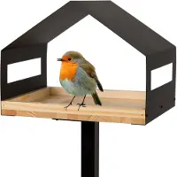 WONDERMAKE® design vogelhuis met standaard van metaal en hout, weerbestendig, moderne vogelvoederbak, groot metalen dakstaander, vogelvoeder voor vogels om op te staan XL