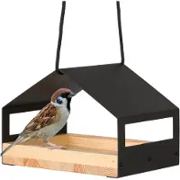 WONDERMAKE® design vogelhuis van metaal en hout weerbestendig om op te hangen, moderne vogelvoeder klein metalen dakophanging, vogelhuisvoeder voor vogels, zwart