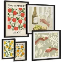Wallfluent 5-Delige Schilderij Set - Vintage Fruit- En Bloemenbeurzen Uit Europese Steden - 50 x 50 cm, 20 x 30 cm En 40 x 60 cm - Moderne Wanddecoratie - Slaapkamer - Woonkamer Decoratie