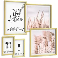Wallfluent 5-Delige Schilderij Set - Keukeninspiratie In Boho-Stijl Met Een Passie Voor Koken - 50 x 50 cm, 20 x 30 cm En 40 x 60 cm - Decoratieve Schilderijen - Woonkamer - Interieur