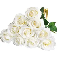 Famanu – Kunstrozen nep zijden bloemen bruidsboeketten met enkele lange plastic stengels voor arrangement bruiloft tafel middelpunt feest woondecoratie (wit)
