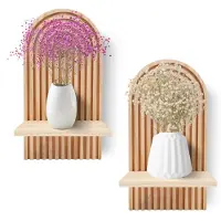 Famanu – Set van 2 houten wandplanken, boho wanddecoratie, ideaal voor kinderkamer, woonkamer en slaapkamer, kleine plantenstandaard in ruwe houtkleur