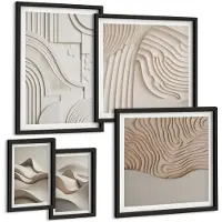 Wallfluent 5-Delige Schilderij Set - Abstracte Structurele Vormen In Beige En Witte Tinten. - 50 x 50 cm, 20 x 30 cm En 40 x 60 cm - Stijlvolle Wanddecoratie - Interieur - Muurdecoratie