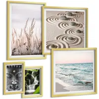 Wallfluent 5-Delige Schilderij Set - Rustgevende Natuur, Kalmte Van Het Water En Harmonie Van Zen. - 50 x 50 cm, 20 x 30 cm En 40 x 60 cm - Muurdecoratie - Wanddecoratie - Hal