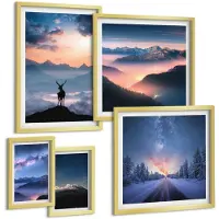 Wallfluent 5-Delige Schilderij Set - Berglandschappen Met Dieren In Het Wild En De Nachtelijke Hemel - 50 x 50 cm, 20 x 30 cm En 40 x 60 cm - Stijlvolle Muurdecoratie - Kantoor