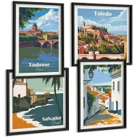 Wallfluent 4-Delige Schilderij Set - Grafische Afbeeldingen Van Beroemde Steden In Retrostijl - 40 x 40 cm En 40 x 60 cm - Stijlvolle Wanddecoratie - Interieur - Decoratieve Schilderijen