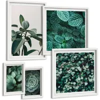 Wallfluent 5-Delige Schilderij Set - Plantmotieven Met Groene Bladeren En Vetplanten - 50 x 50 cm, 20 x 30 cm En 40 x 60 cm - Decoratieve Muurdecoratie - Slaapkamer - Interieur Decoratie