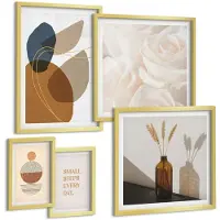 Wallfluent 5-Delige Schilderij Set - Decoratieve Composities In Boho-Stijl Met Plantenaccenten. - 50 x 50 cm, 20 x 30 cm En 40 x 60 cm - Stijlvolle Muurdecoratie - Kantoor