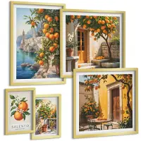 Wallfluent 5-Delige Schilderij Set - Sfeervolle Uitzichten Met Fruitaccenten Op De Muur - 50 x 50 cm, 20 x 30 cm En 40 x 60 cm - Stijlvolle Muurdecoratie - Slaapkamer - Wanddecoratie