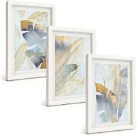 Wallfluent 3-Delige Schilderij Set - Bladeren In Blauwe En Beige Tinten Op Een Lichte Achtergrond. - 20 x 30 - Decoratieve Schilderijen - Woonkamer - Interieur - Wanddecoratie