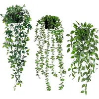 Famanu – 3 stuks kunstmatige hangende planten met pot, groene wijnstok kunstplanten, nepplanten voor balkon, kantoor, tuin en muurdecoratie