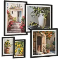 Wallfluent 5-Delige Schilderij Set - Sfeervolle Beelden Van Mediterrane Straten Met Citroenen - 50 x 50 cm, 20 x 30 cm En 40 x 60 cm - Moderne Wanddecoratie - Woonkamer - Decoratieve Schilderijen