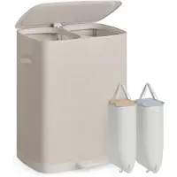 Songmics Wasmand met 2 Vakken en Deksel, 160 Liter, Uitneembare Binnenzakken, 22"L x 18.5"W x 29.5"H