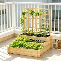 OKWISH Plantenbak Met Klimrek Rechthoekig 95 X 95 X 110 Cm Met Drie Teeltlagen Voor Tuin En Terras Van Hout Natuurlijk