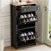 HAUSS SPOLE Schoenenkast - Smal Ontwerp Met 1 Lade En 2 Kleppen - Voor Hal En Entree - MDF In Zwart Met Houtlook - 50x24x95 Cm